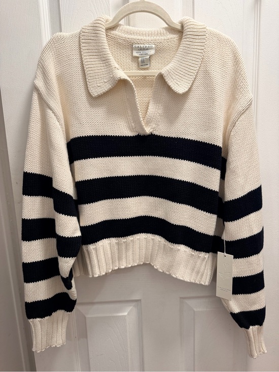 Calypso St. Barth Sweaters - Calypso St. Barth Cream and Black Striped Collared Knit Sweater